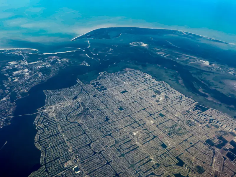 Aerial view of Cape Coral's grid of canals and homes