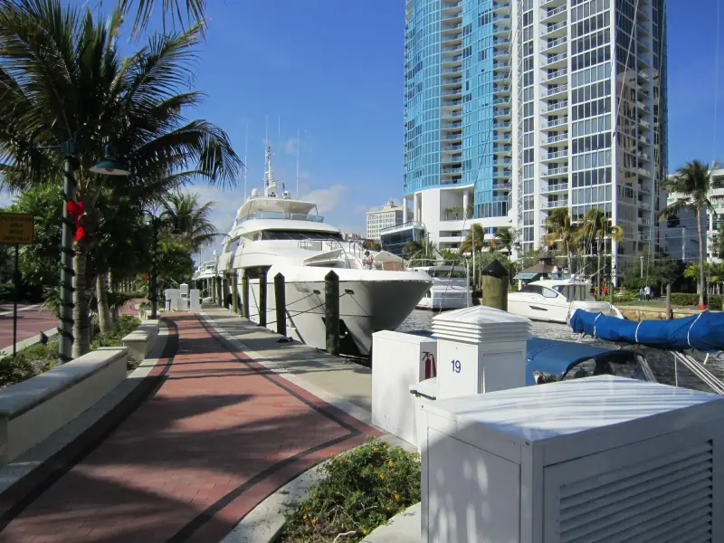 Yachts docked along the Riverwalk on the New River in downtown Fort Lauderdale
