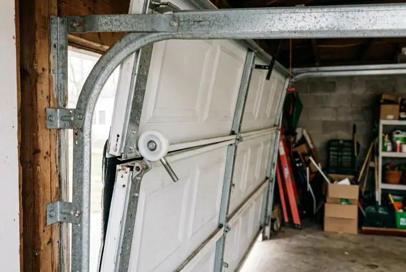 Garage door roller popped out of its steel track, leaving the door panel crooked