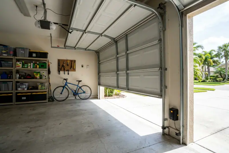 Garage door stopped partway open, seen from inside, with a safety sensor low on the track