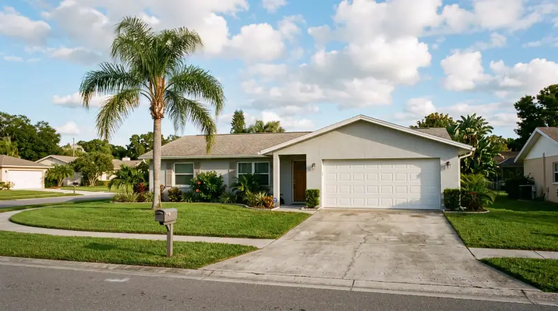 Single-story Florida ranch home with a white two-car garage door, a queen palm and a green lawn