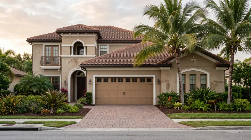 Two-story Florida home with a tile roof, a tan carriage-style garage door and coconut palms