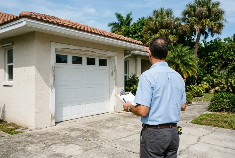 Building inspector with a clipboard looking at a garage door from the driveway