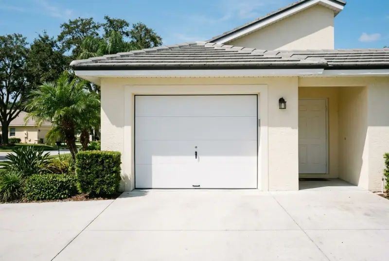 Newly installed white garage door on a cream stucco Florida home