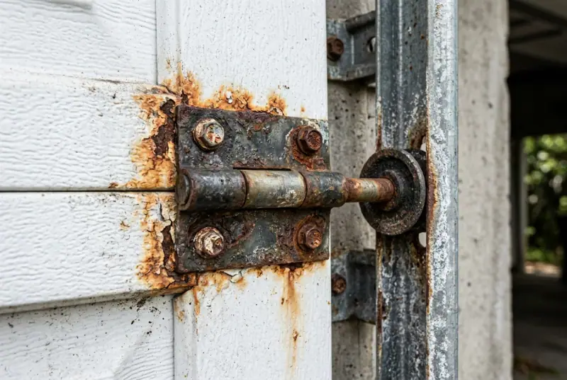 Rusted hinge and hardware on a white garage door