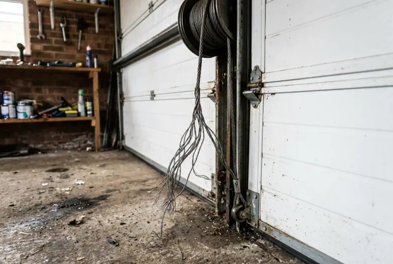 Frayed, snapped lift cable hanging beside the bottom of a garage door