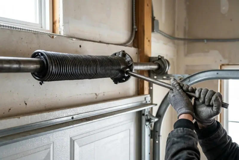 Gloved hands using a winding bar on a torsion spring above a garage door