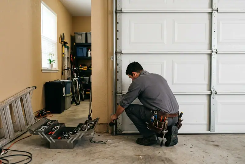 Technician kneeling with a toolbox to work on the track of a white garage door