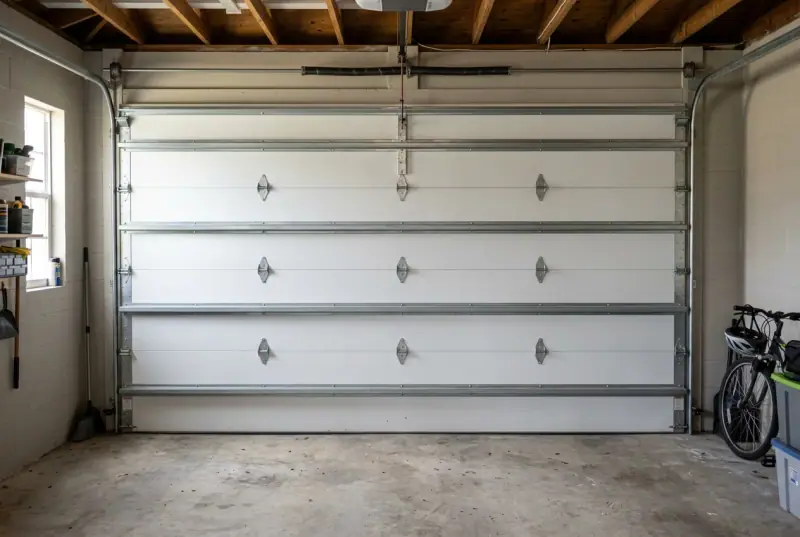 Inside of a garage door with a horizontal steel brace across each panel