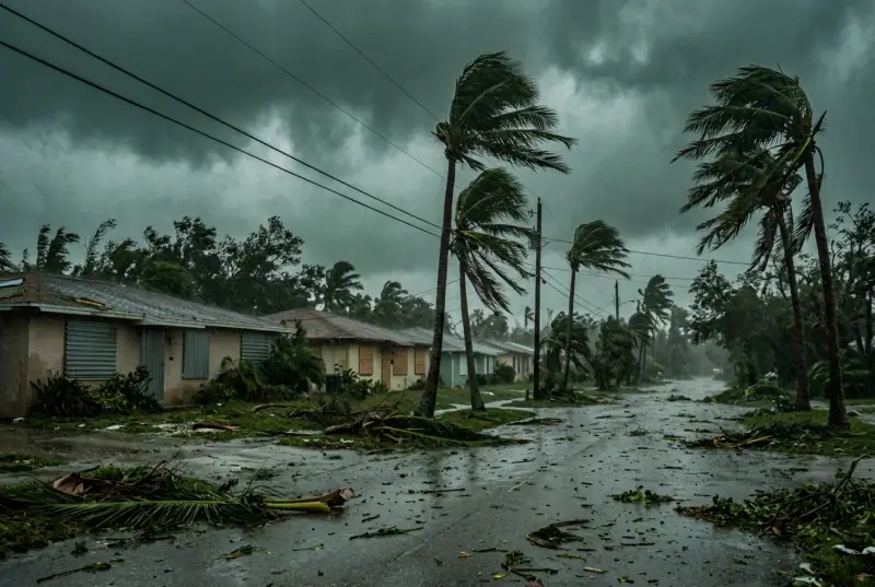 Palm trees bending in hurricane winds over a street littered with fronds