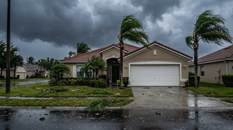 Storm clouds and bending palms over a Florida home with a white garage door